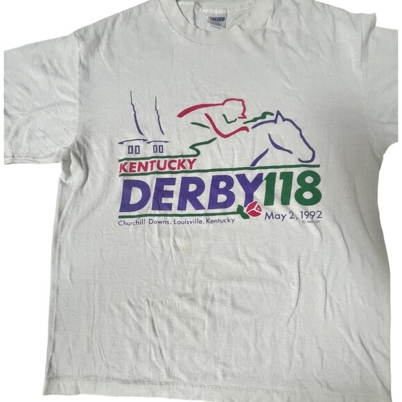 Vintage 1992 Kentucky Derby Large T Shirt Single Stitch Trench USA 50/50 White - Picture 2 of 7
